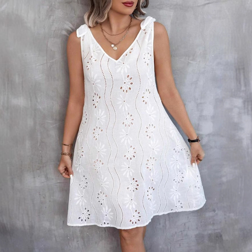 Out-Shine | Embroidered Hollow Lace Sleeveless V Neck Dress