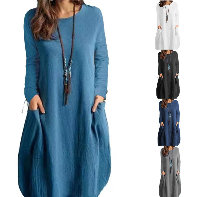 Out-Shine | Relaxed cotton linen Single color bag long sleeve dress