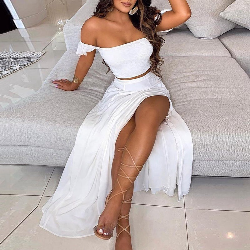 Out-Shine | Printed Mid-Length Sexy Off-Shoulder Top Slit Long Skirt Set