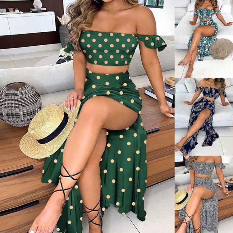Out-Shine | Printed Mid-Length Sexy Off-Shoulder Top Slit Long Skirt Set