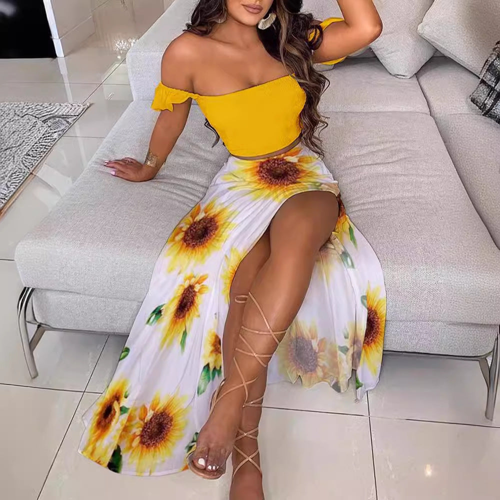 Out-Shine | Printed Mid-Length Sexy Off-Shoulder Top Slit Long Skirt Set