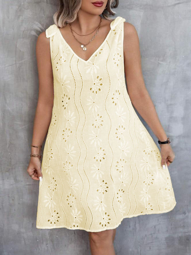 Out-Shine | Embroidered Hollow Lace Sleeveless V Neck Dress