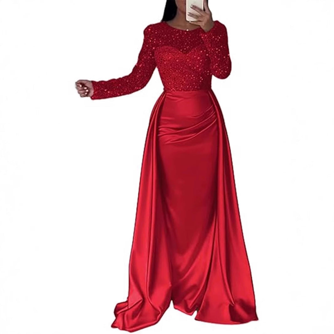Out-Shine | Women's Glamorous Evening Gown with Sparkling Pearls and Flowing Skirt