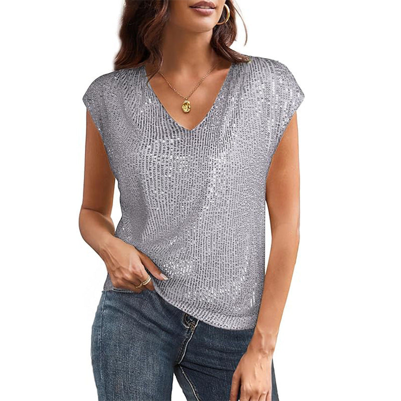 Out-Shine | V-Neck Sequins Short Sleeve Party Vest