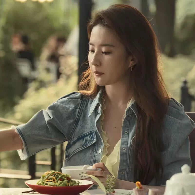 Out-Shine | Blue Denim French-Style Crop Top With Puff Sleeves