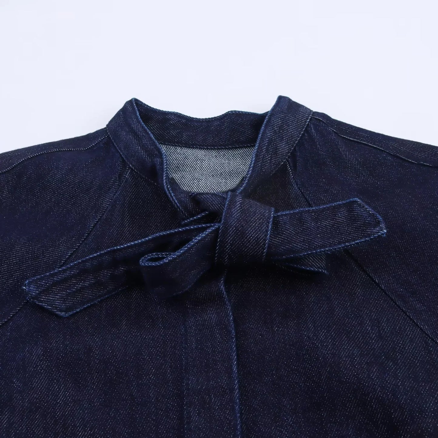 Out-Shine | Bow-Detailed Puff Short Sleeve Round Neck Denim Shirt