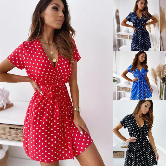 Out-Shine | Short sleeve V-neck rubber band binding dress