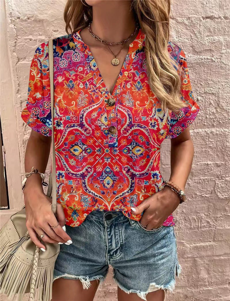 Out-Shine | Trendy Printed Button Fashion Short Sleeve Top