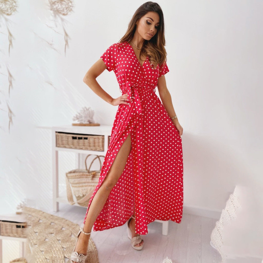 Out-Shine | Printed Polka Dot Ribbon Waist Maxi Dress