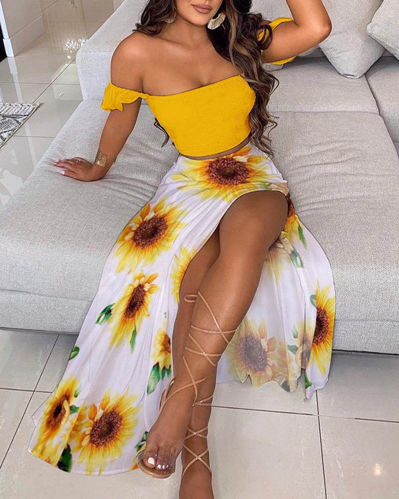 Out-Shine | Printed Mid-Length Sexy Off-Shoulder Top Slit Long Skirt Set