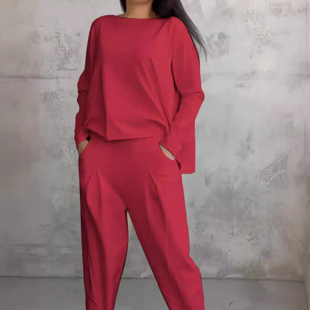 Out-Shine | Plain Color Slim Fit Pantsuit With Round Neck Neckline