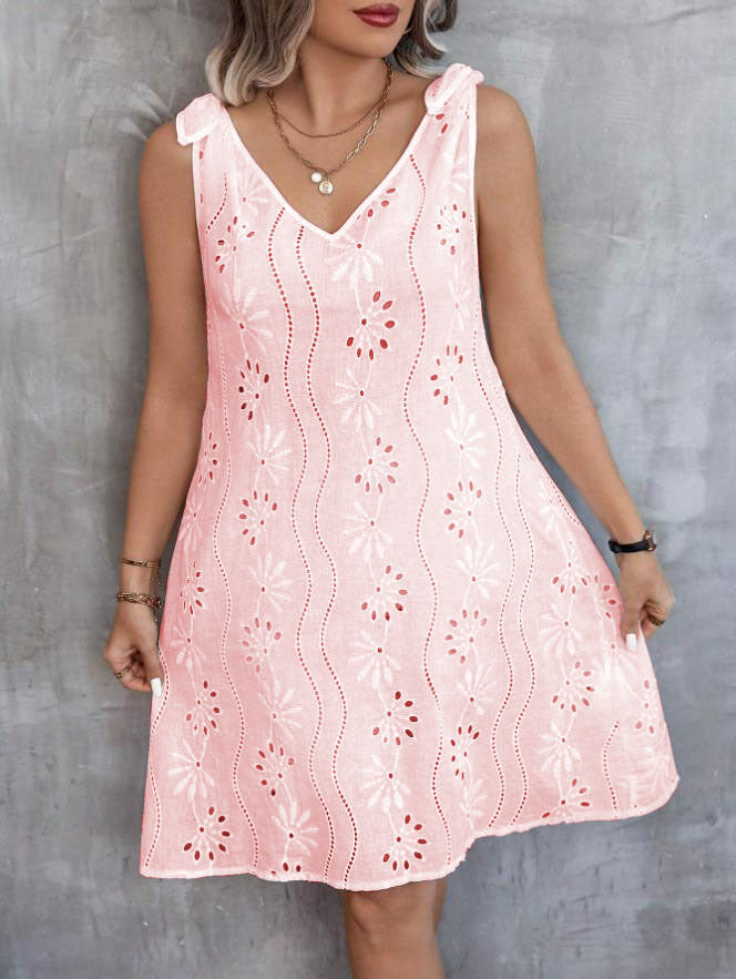 Out-Shine | Embroidered Hollow Lace Sleeveless V Neck Dress
