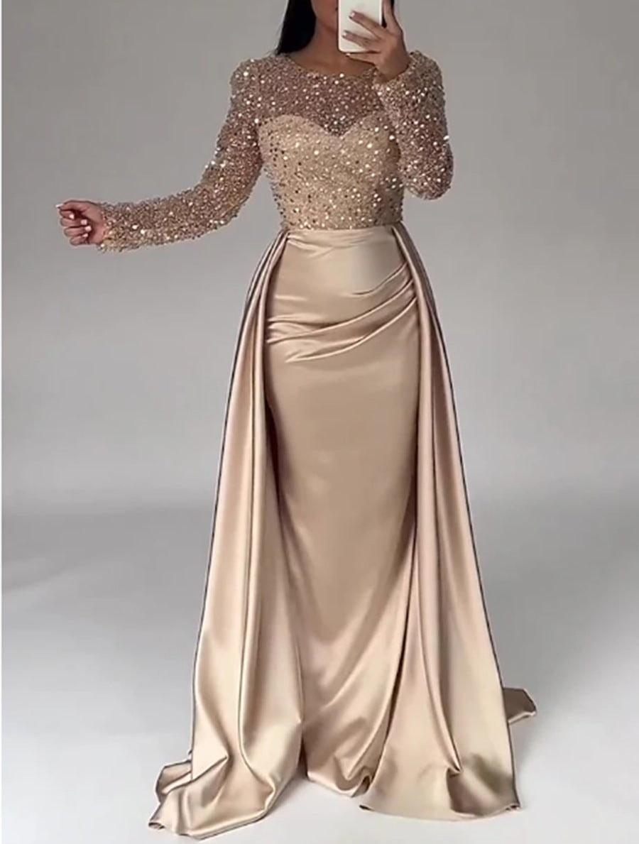 Out-Shine | Women's Glamorous Evening Gown with Sparkling Pearls and Flowing Skirt