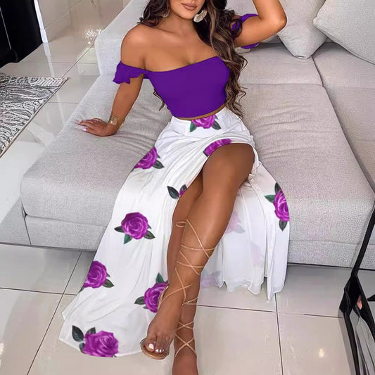 Out-Shine | Printed Mid-Length Sexy Off-Shoulder Top Slit Long Skirt Set