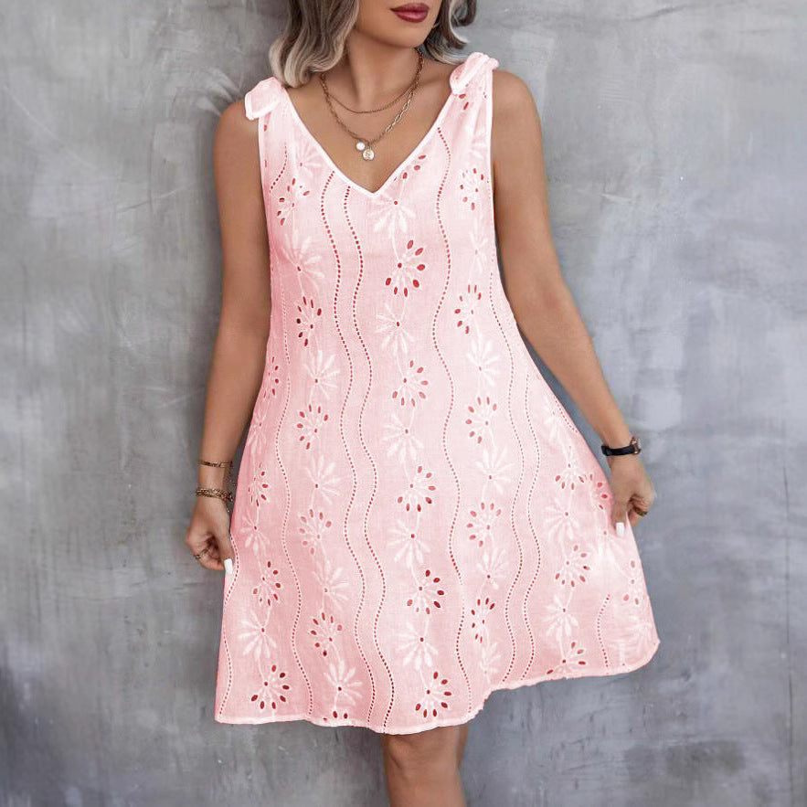 Out-Shine | Embroidered Hollow Lace Sleeveless V Neck Dress