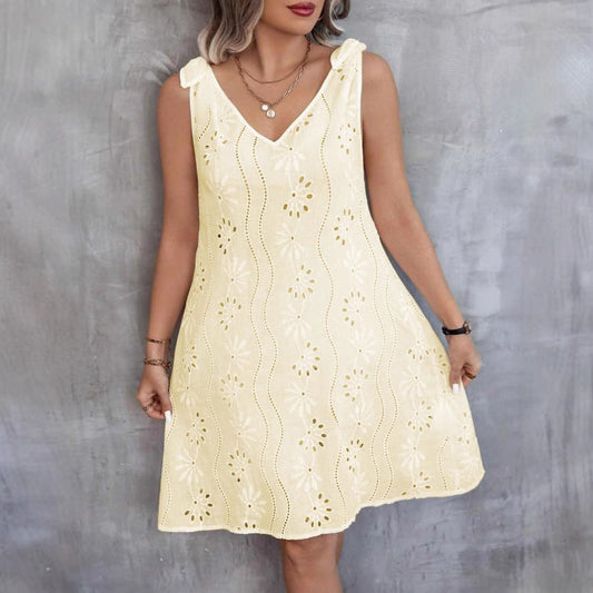 Out-Shine | Embroidered Hollow Lace Sleeveless V Neck Dress