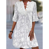 Out-Shine | Embroidered Three Quarter Sleeve V Neck Button Dress