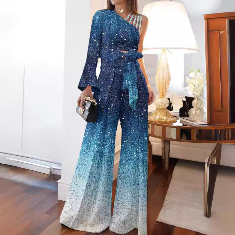 Deslumbra | Conjunto de pantalón ancho con hombros descubiertos 