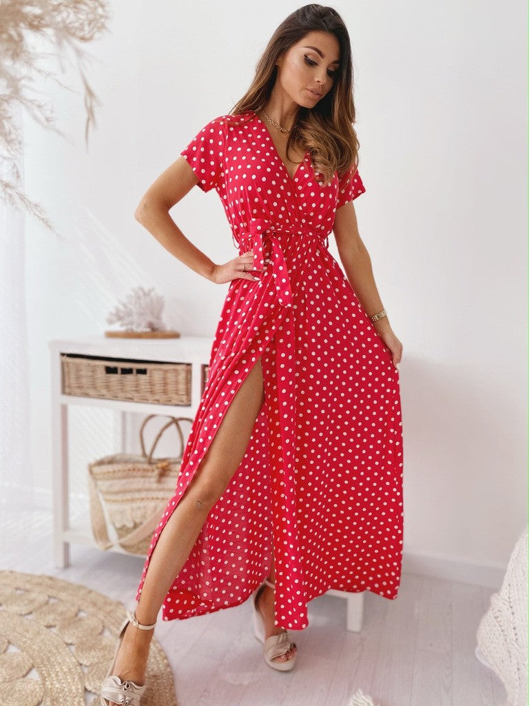 Out-Shine | Printed Polka Dot Ribbon Waist Maxi Dress
