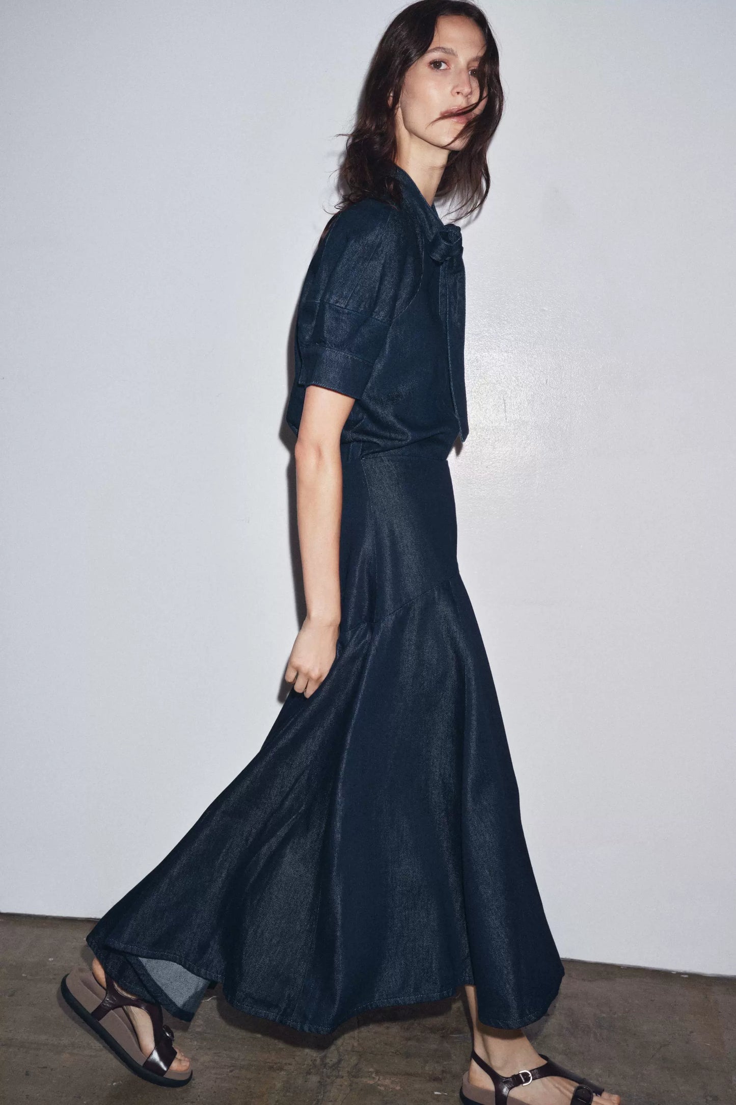 Out-Shine | Bow-Detailed Puff Short Sleeve Round Neck Denim Shirt