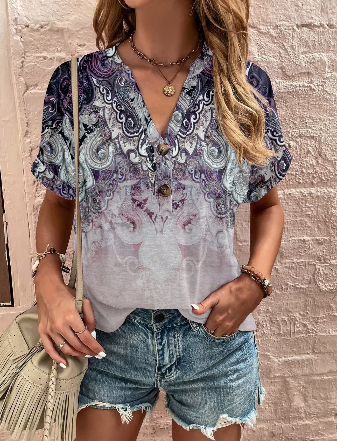 Out-Shine | Trendy Printed Button Fashion Short Sleeve Top