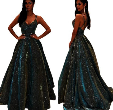 Out-Shine | Women Spaghetti Wear V Neck A Line Glitter Maxi Ball Dress