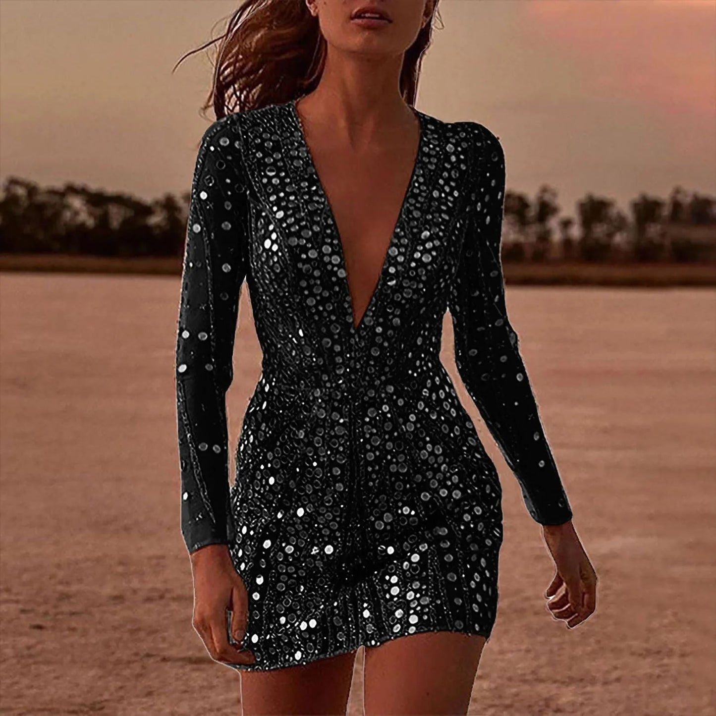 Deslumbra | Vestido de noche brillante de manga larga