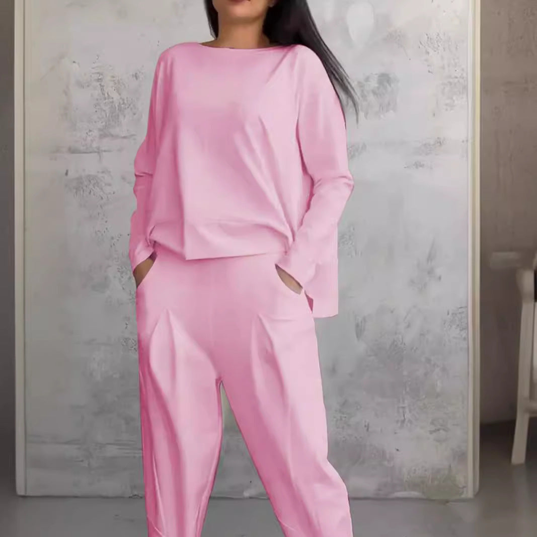 Out-Shine | Plain Color Slim Fit Pantsuit With Round Neck Neckline