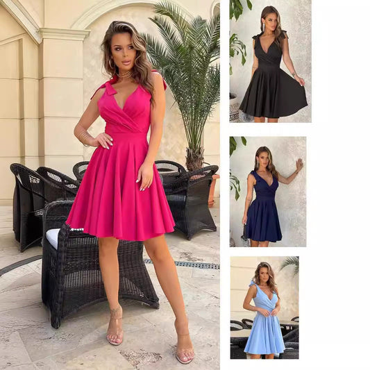 Out-Shine | Sleeveless Solid Color Deep V-Neck Mini Dress