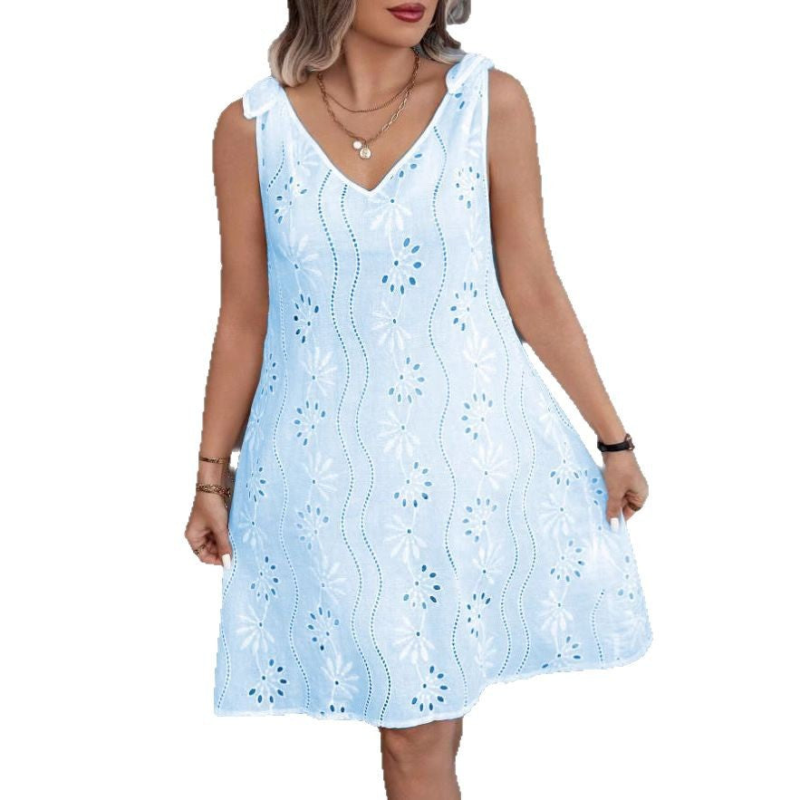 Out-Shine | Embroidered Hollow Lace Sleeveless V Neck Dress