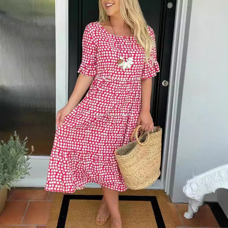 Deslumbra | Vestido de verano estampado de manga corta y cuello redondo