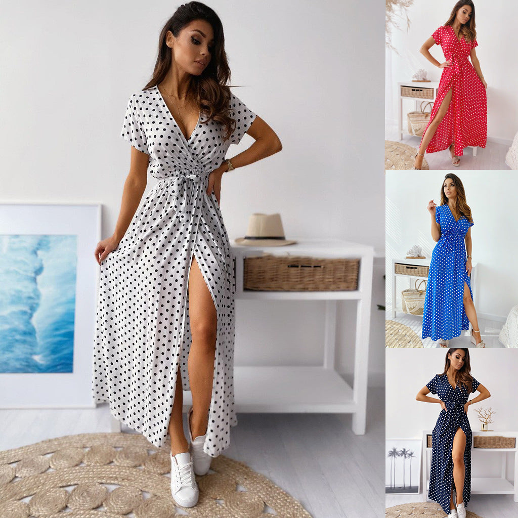 Out-Shine | Printed Polka Dot Ribbon Waist Maxi Dress