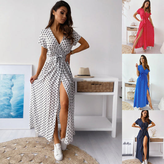 Out-Shine | Printed Polka Dot Ribbon Waist Maxi Dress