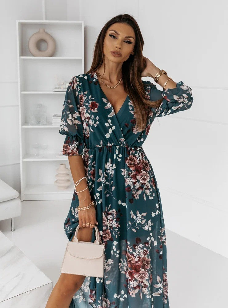 Out-Shine | Short Sleeve Split Chiffon Printed Maxi Dress