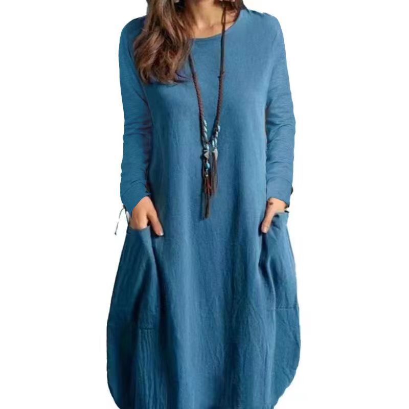 Out-Shine | Relaxed cotton linen Single color bag long sleeve dress