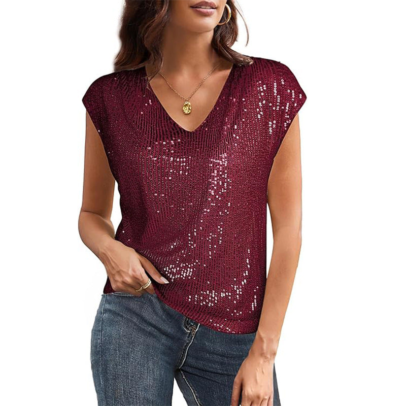 Out-Shine | V-Neck Sequins Short Sleeve Party Vest