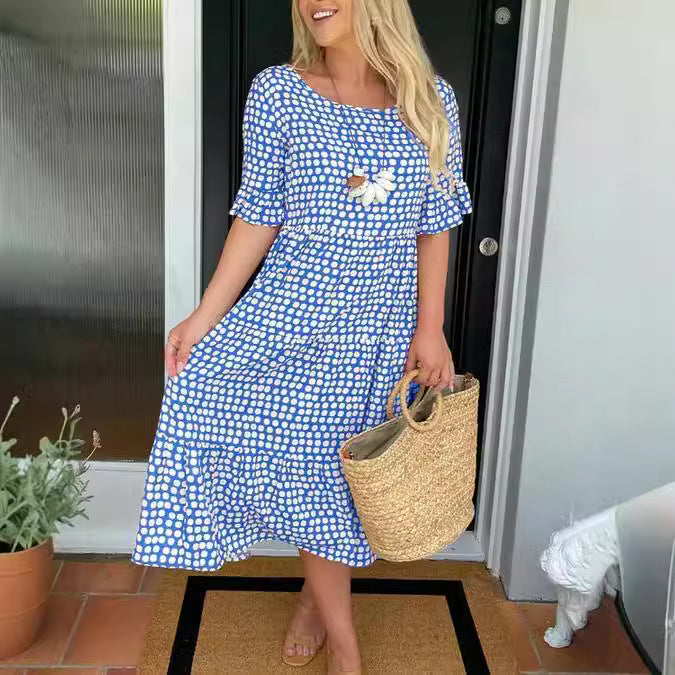 Deslumbra | Vestido de verano estampado de manga corta y cuello redondo