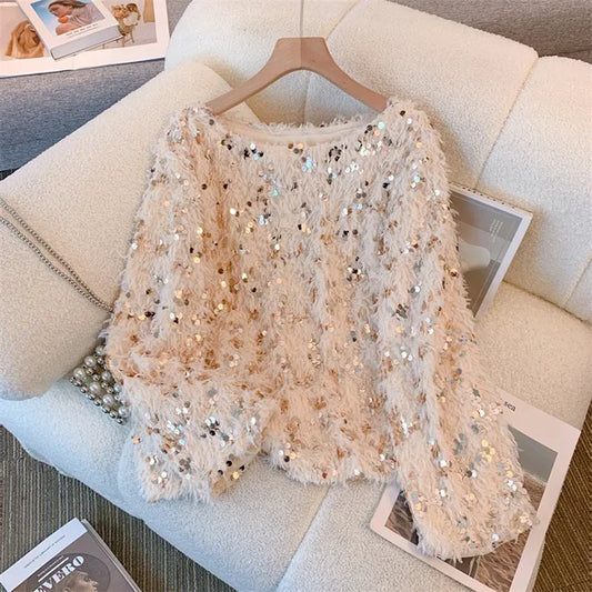 Out-Shine | Chic Sequins Feathery Sweater