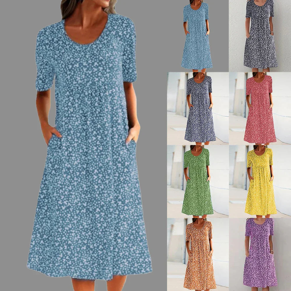 Deslumbra | Elegante vestido midi de manga corta con cuello redondo y bolsillos