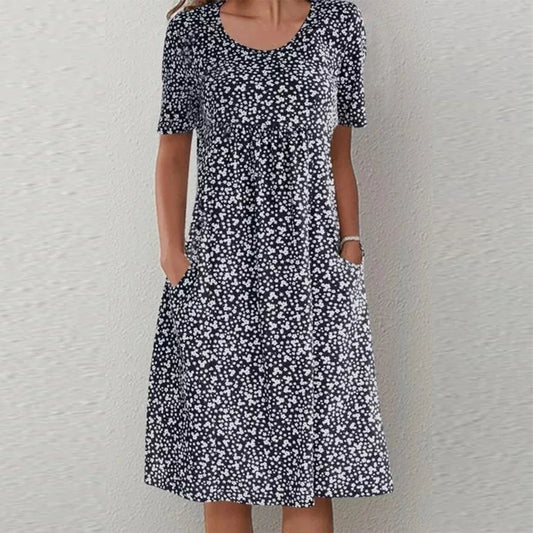 Out-Shine | Elegant O-Neck Short Sleeve Midi Dress with Pockets