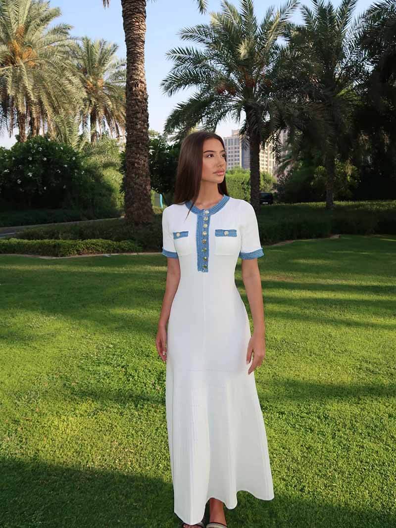 Out-Shine | Maxi Dress - Decorative Knit With Fransen-Denim-Einsatz