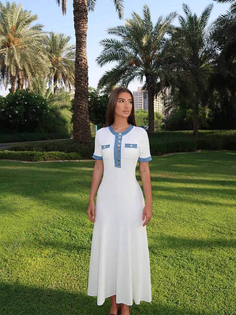 Out-Shine | Maxi Dress - Decorative Knit With Fransen-Denim-Einsatz