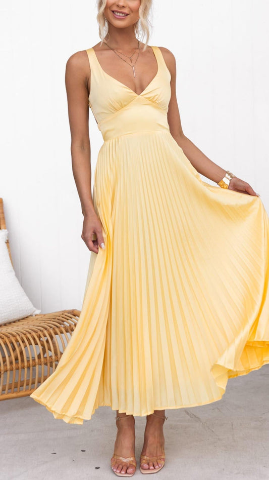 Out-Shine | Yellow Pleated V-Neck Maxi Dress