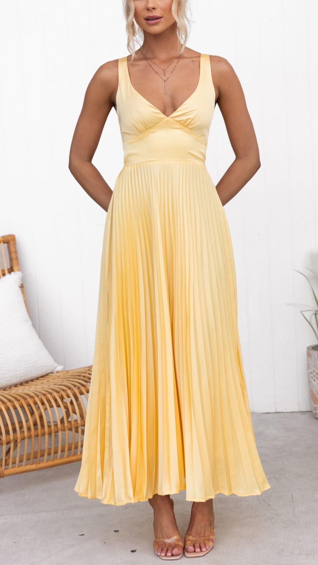 Out-Shine | Yellow Pleated V-Neck Maxi Dress