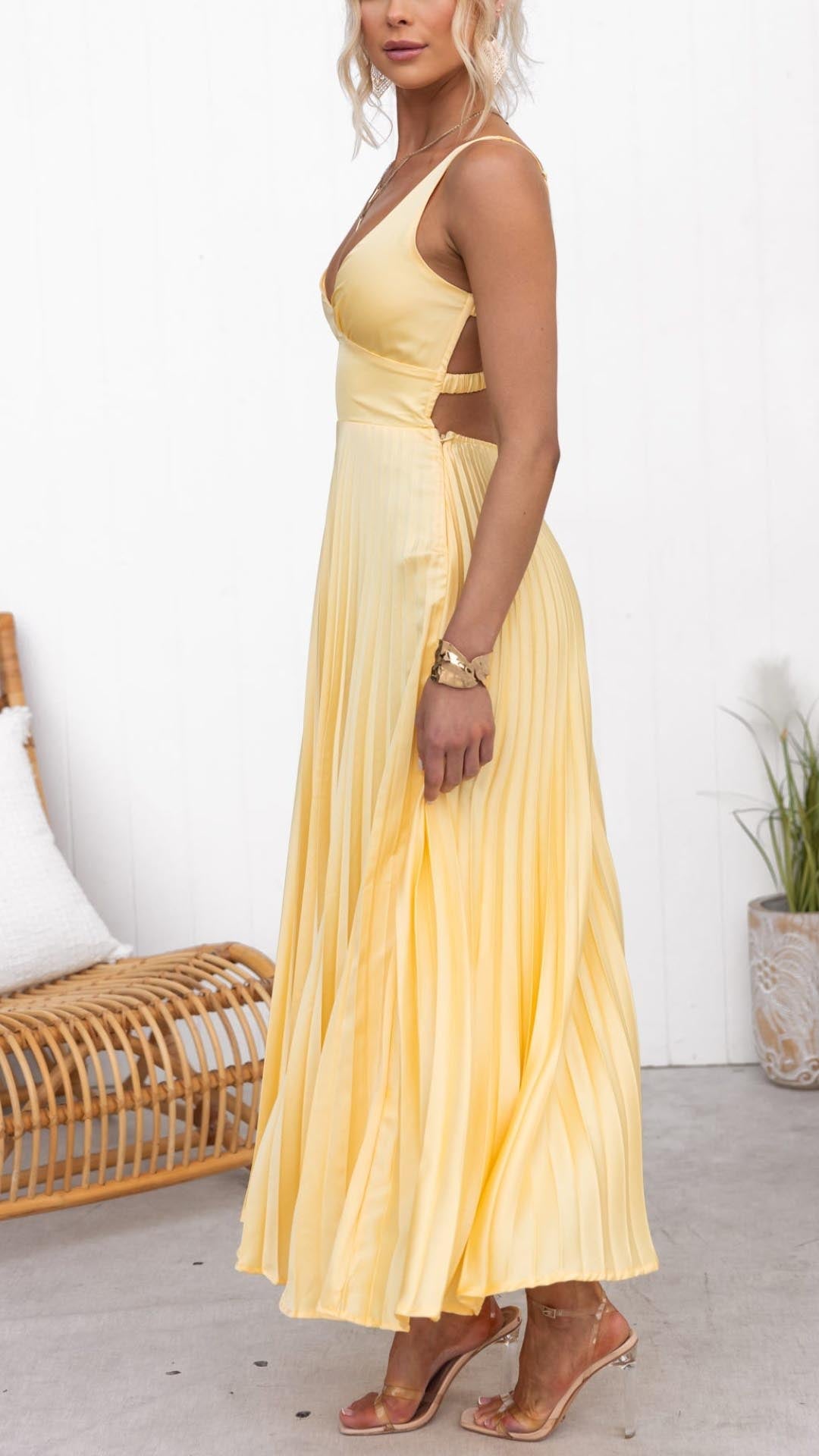 Out-Shine | Yellow Pleated V-Neck Maxi Dress