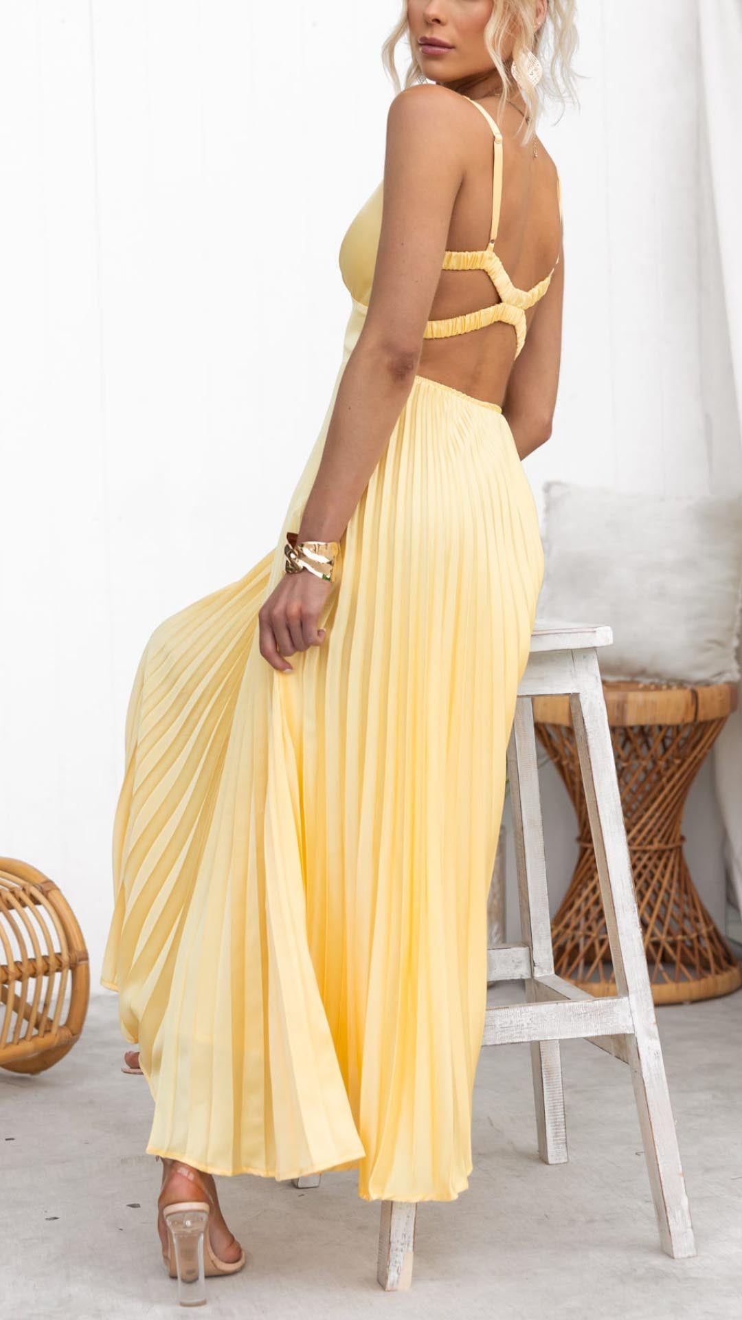 Out-Shine | Yellow Pleated V-Neck Maxi Dress