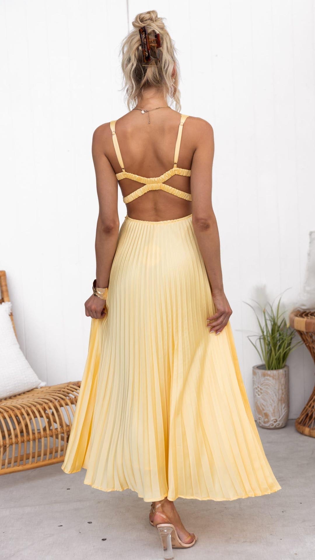 Out-Shine | Yellow Pleated V-Neck Maxi Dress