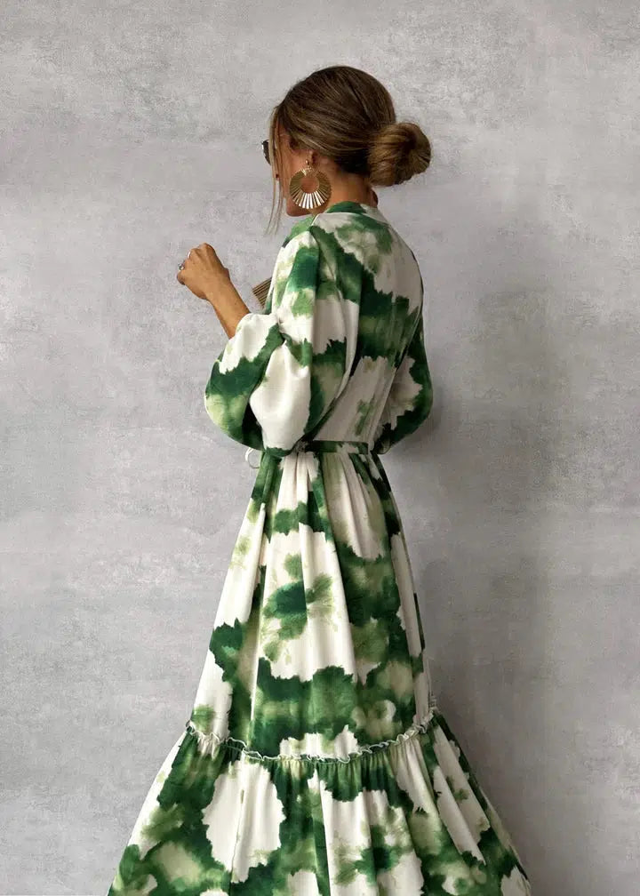 Out-Shine | Green Maxi Dress Long Sleeves & V-Neck For Effortless Sophistication