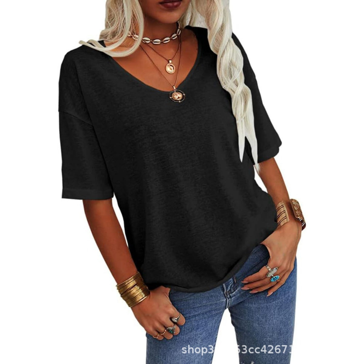 Out-Shine | Loose Shirt With V-Neck And Half Sleeves