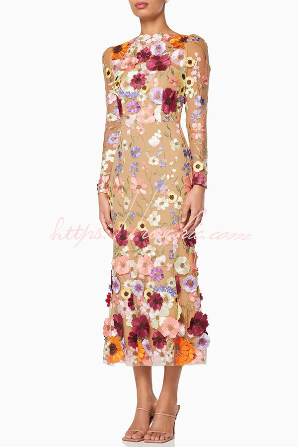 Out-Shine | Refined Charm Embroidered Floral Applique Long Sleeve Fish Tail Midi Dress